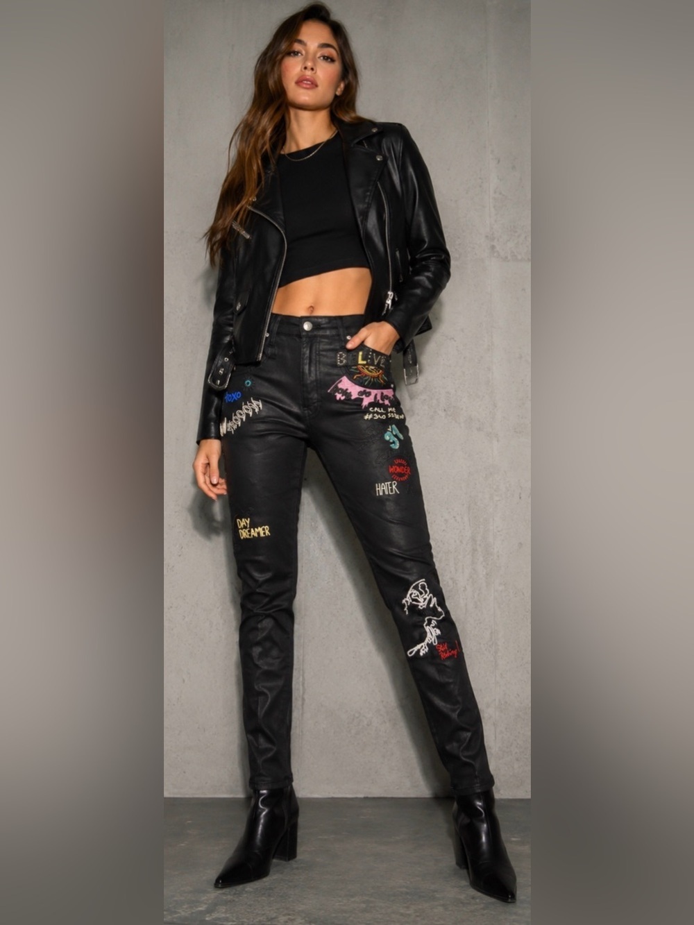 Topshop Moto Jamie Coated Faux Leather Skinny Jeans W28 L30 Embroidered Y2K